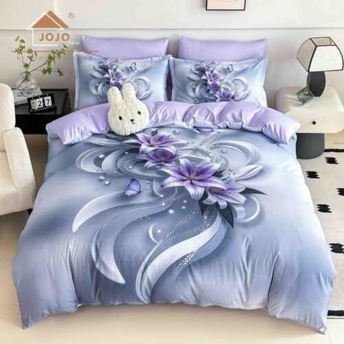 lenjerie de pat material finet lila cu floare