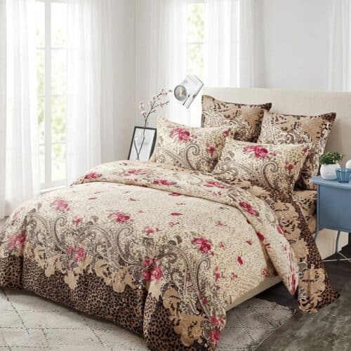 lenjerie de pat material finet maro model abstract cu flori