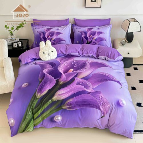 lenjerie de pat material finet mov cu flori
