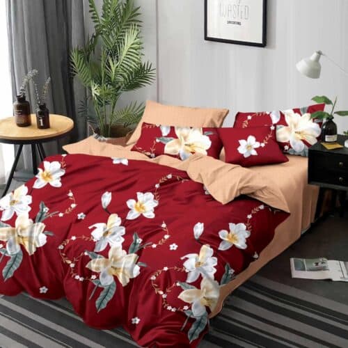 lenjerie de pat material finet rosie cu flori crem