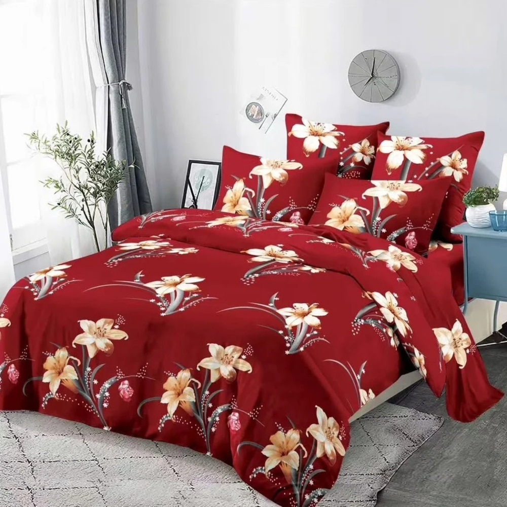 lenjerie de pat material finet rosie cu flori crini lenjerie de pat material finet rosie cu flori crini