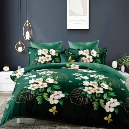 lenjerie de pat material finet verde cu flori albe