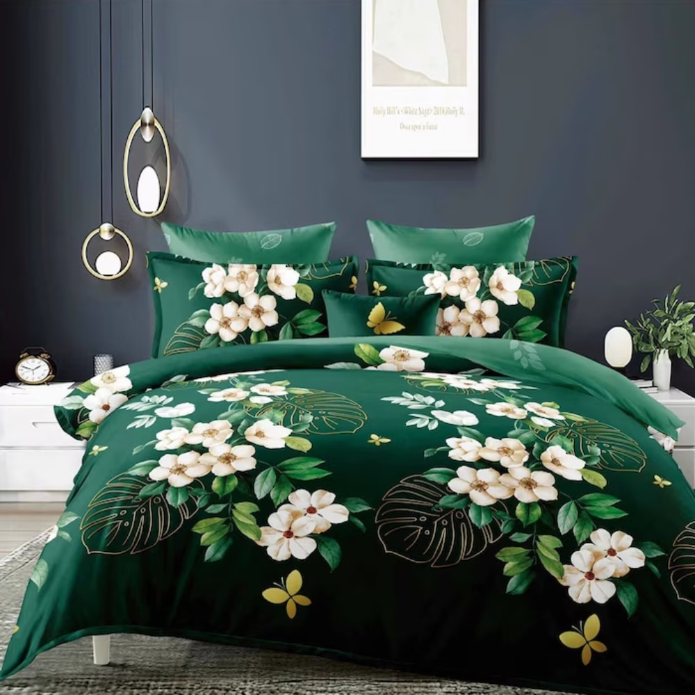 lenjerie de pat material finet verde cu flori albe lenjerie de pat material finet verde cu flori albe