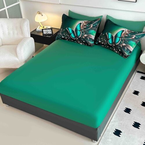 lenjerie de pat material finet verde cu fluture smarald