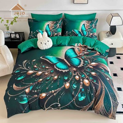 lenjerie de pat material finet verde cu fluture smarald