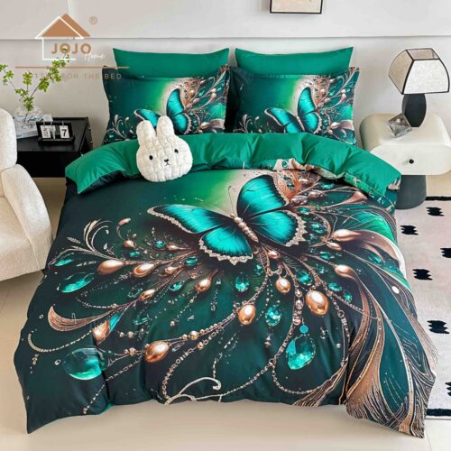 lenjerie de pat material finet verde cu fluture smarald