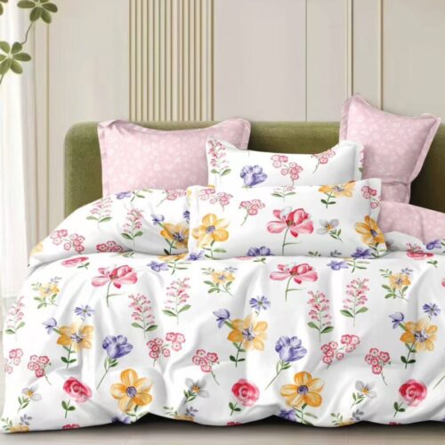 lenjerie de pat material satinat alba cu flori multicolore