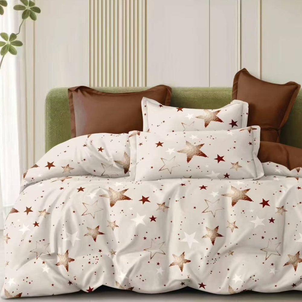 lenjerie de pat material satinat alba cu stelute maro lenjerie de pat material satinat alba cu stelute maro