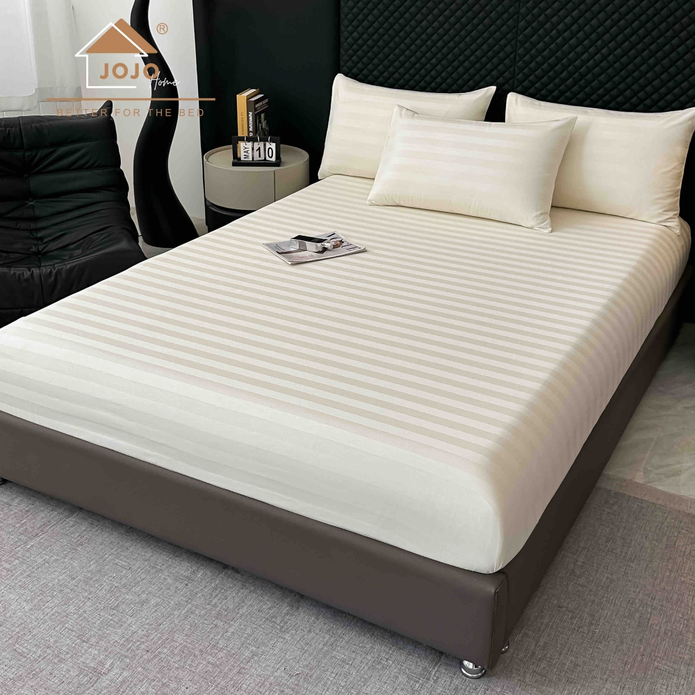 Lenjerie bumbac 100 organic 6 piese crem cearceaf Lenjerie Damasc Premium din Bumbac 100%, Pat 2 Persoane - Jojo Home - Crem - PUF243833 - imagine 3