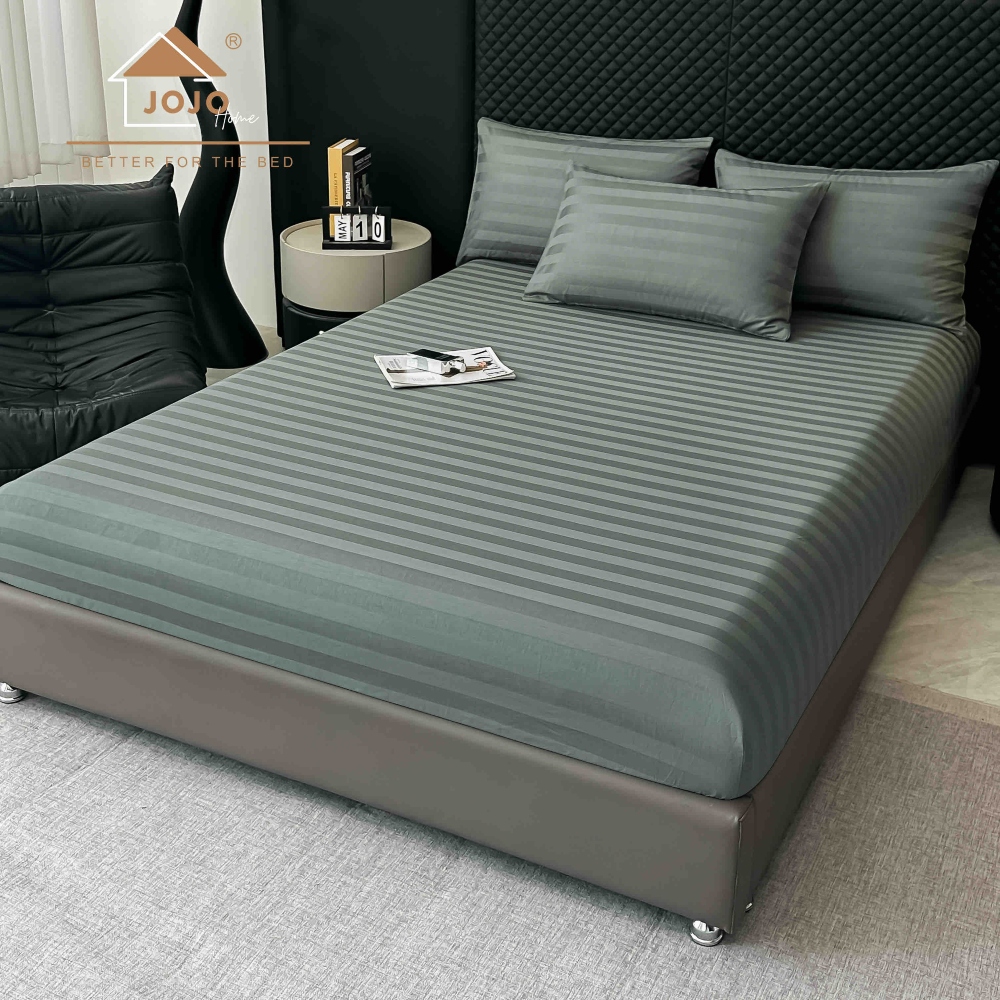 Lenjerie bumbac 100 organic 6 piese verde inchis cearceaf Lenjerie Damasc Premium din Bumbac 100%, Pat 2 Persoane - Jojo Home - Verde Inchis - PUF243860 - imagine 3