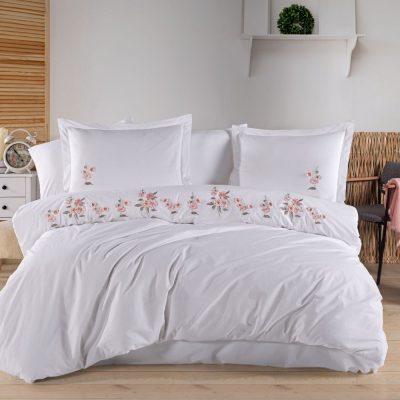lenjerie de pat premium din bumbac 100% poplin cu broderie ophelia beyaz