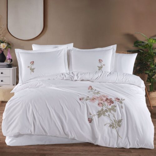 lenjerie din bumbac 100% poplin cu broderie palmyra beyaz