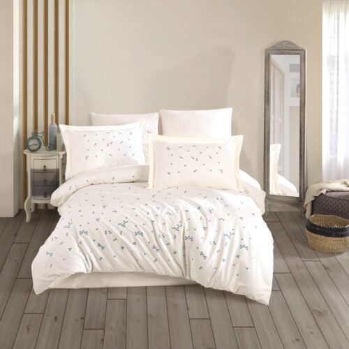 lenjerie bumbac poplin cu flori brodate spring krem
