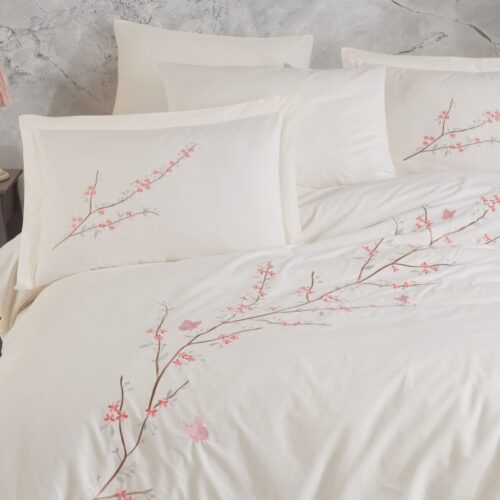 lenjerie bumbac poplin cu flori brodate vera crem
