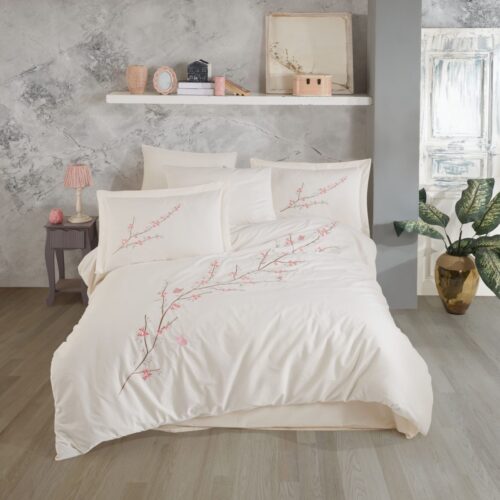 lenjerie bumbac poplin cu flori brodate vera crem main