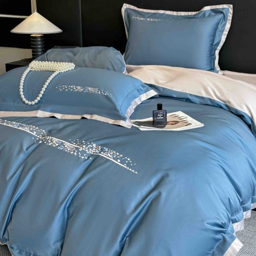 Lenjerie bumbac organic satin bleu cu gri material