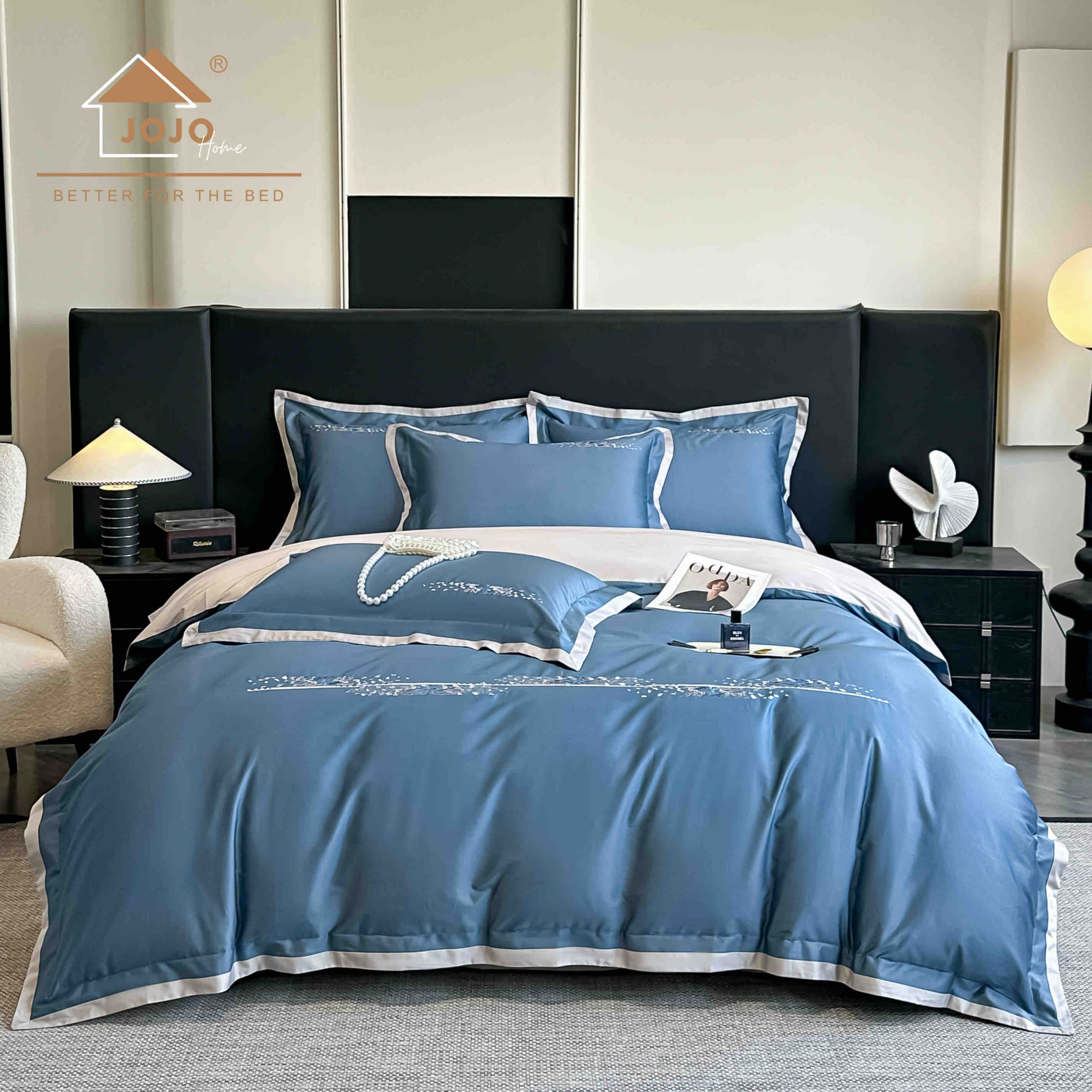 Lenjerie bumbac organic satin bleu cu gri Lenjerie bumbac organic satin bleu cu gri