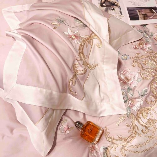 Lenjerie bumbac organic satin bleu cu roz si broderie florala material