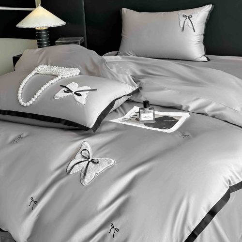 Lenjerie bumbac organic satin gri cu negru si fundite