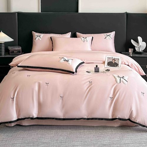 Lenjerie bumbac organic satin roz cu negru si fundite