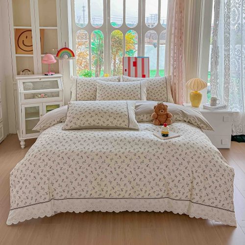 Lenjerie din Bumbac 100% cu Broderie, Cearceaf de Pat cu Elastic, 4 Piese, Pat 2 Persoane - JoJo Home - Model Florina - PUF249259
