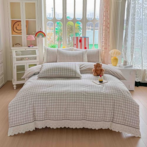 Lenjerie din bumbac cu broderie gri cu carouri