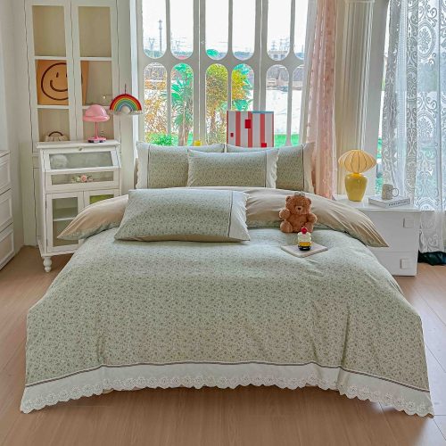 Lenjerie din bumbac cu broderie vernil cu floricele