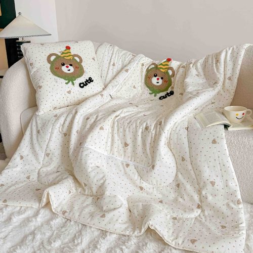 Pilota pentru copii 2 in 1 din bumbac cu 2 fete de perna model ursulet verde