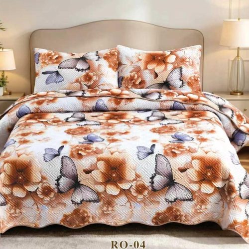 Set Cuvertura de Pat Crem cu Flori si Fluturi, 3 Piese, Pat 2 Persoane, 220×240 Cm - East Comfort - PUF249484