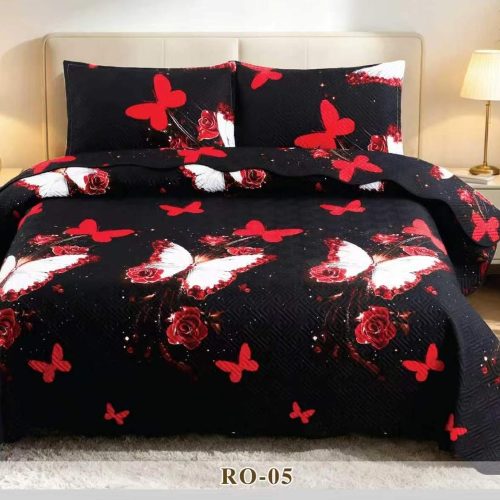 cuvertura de pat neagra cu fluturi rosii