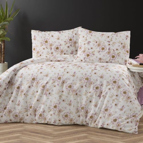 lenjerie de pat alba cu floricele delicate lila din bumbac ranforce