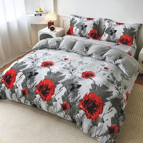 Set Lenjerie Pufoasa Cocolino cu Elastic, Pat 2 Persoane, 4 Piese - Gri cu Maci - East Comfort - PUF251881