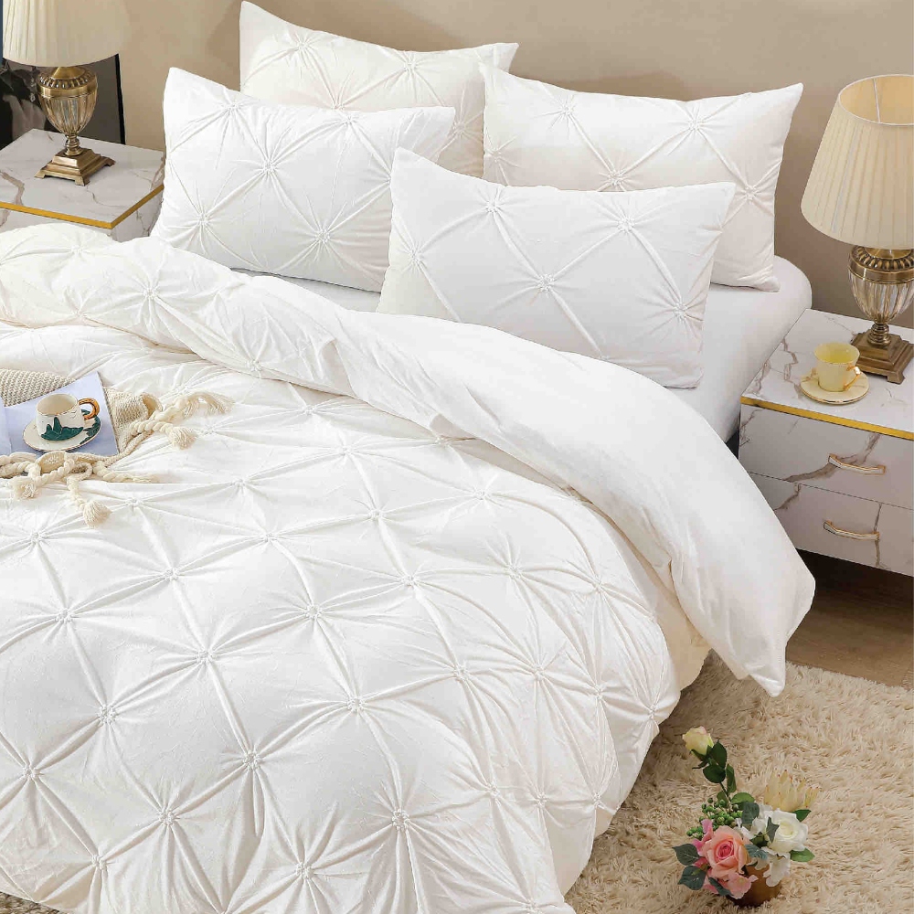 Lenjerie din Catifea cu pliuri Alb Jojo Home Set Lenjerie de Pat Catifea Cocolino cu Pliuri, Cearceaf cu Elastic, 4 Piese, Pat 2 Persoane, Jojo Home - Alb - PUF255987 - imagine 2