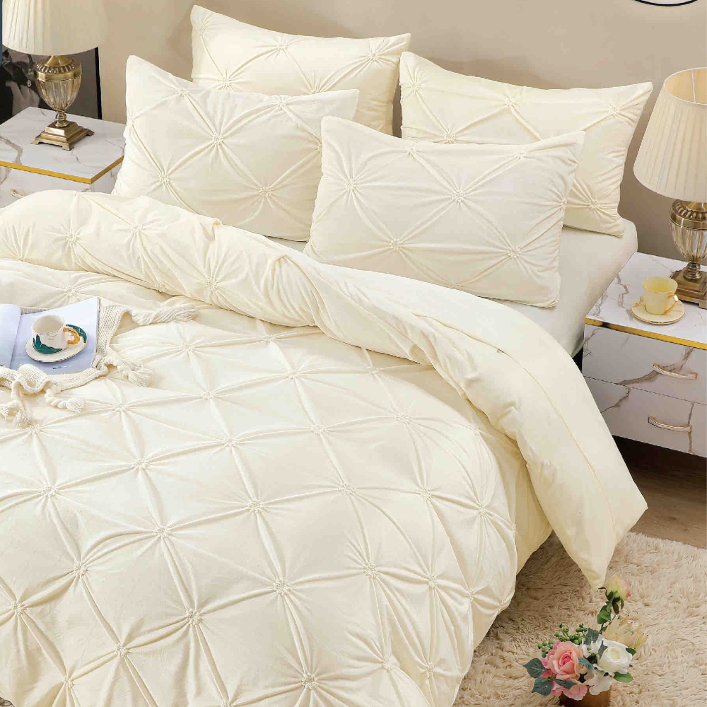Lenjerie din Catifea cu pliuri Crem Jojo Home Set Lenjerie de Pat Catifea Cocolino cu Pliuri, Cearceaf cu Elastic, 4 Piese, Pat 2 Persoane, Jojo Home - Crem - PUF255998 - imagine 2