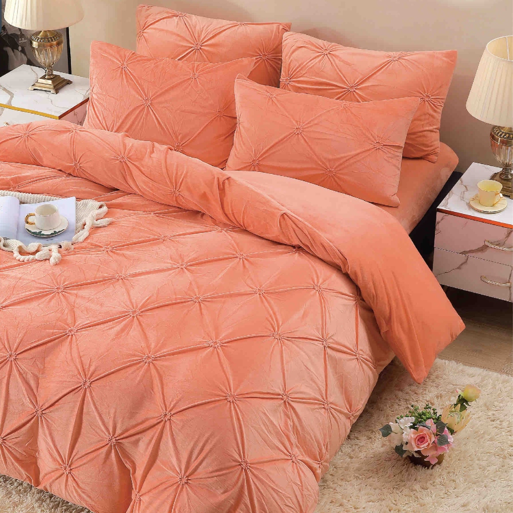 Lenjerie din Catifea cu pliuri Portocaliu Jojo Home Set Lenjerie de Pat Catifea Cocolino cu Pliuri, Cearceaf cu Elastic, 4 Piese, Pat 2 Persoane, Jojo Home - Portocaliu - PUF256007 - imagine 2