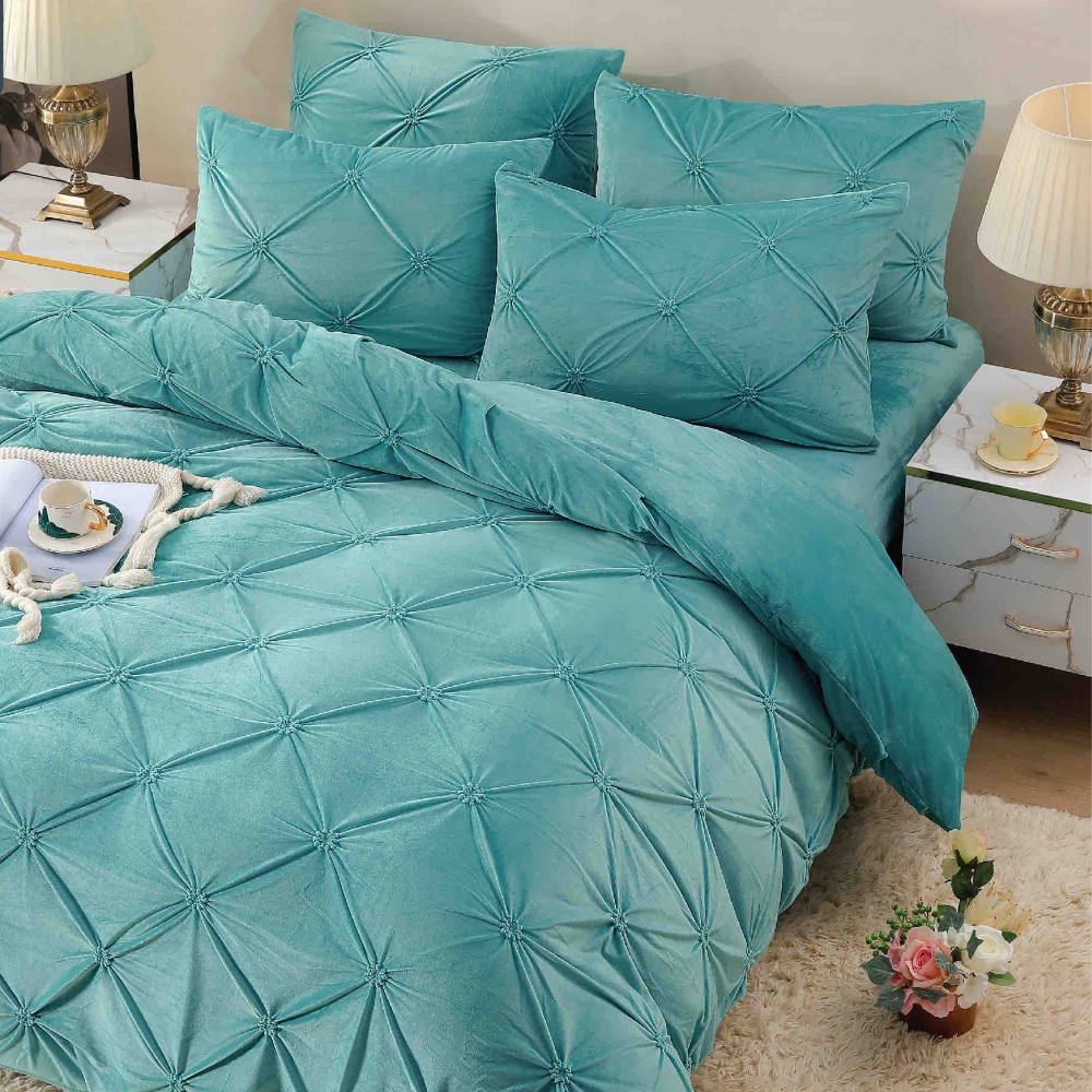 Lenjerie din Catifea cu pliuri Turcoaz Jojo Home 4 piese Set Lenjerie de Pat Catifea Cocolino cu Pliuri, Cearceaf cu Elastic, 4 Piese, Pat 2 Persoane, Jojo Home - Turcoaz - PUF256002 - imagine 2