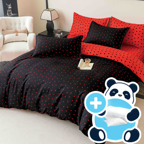 Pachet lenjerie 1 persoana Neagra cu Buline Rosii