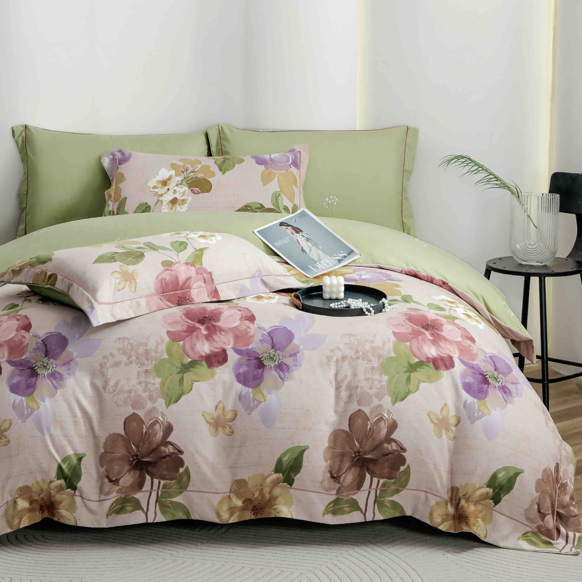 lenjerie la cutie verde cu flori multicolore premium finet lenjerie la cutie verde cu flori multicolore premium finet